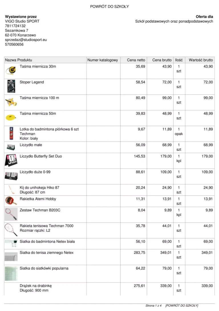 Asortyment na salę gimnastyczną lista strona 1