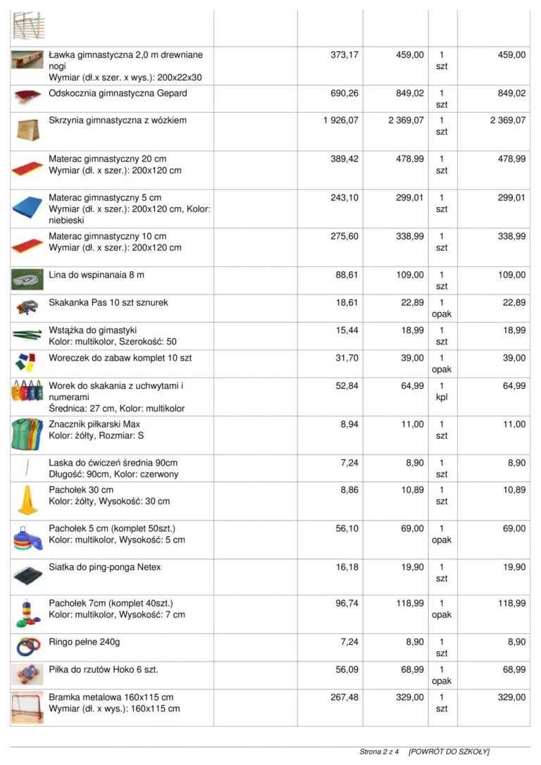 Asortyment na salę gimnastyczną lista strona 2