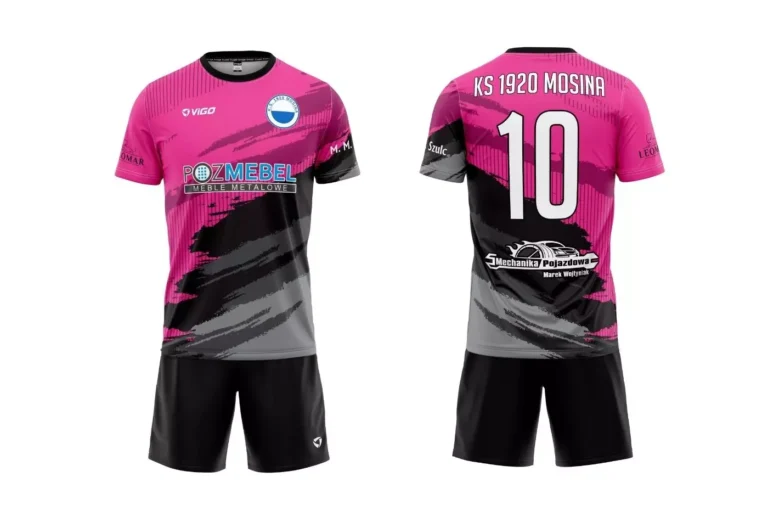 Strój piłkarski z nadrukiem dla KS 1920 Mosina w kolorze różowo-czarnym
