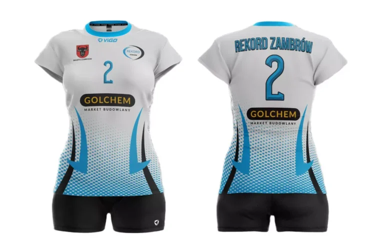 Strój siatkarski damski Fire dla zawodniczki Rekord Zambrów w kolorze biało-niebieskim