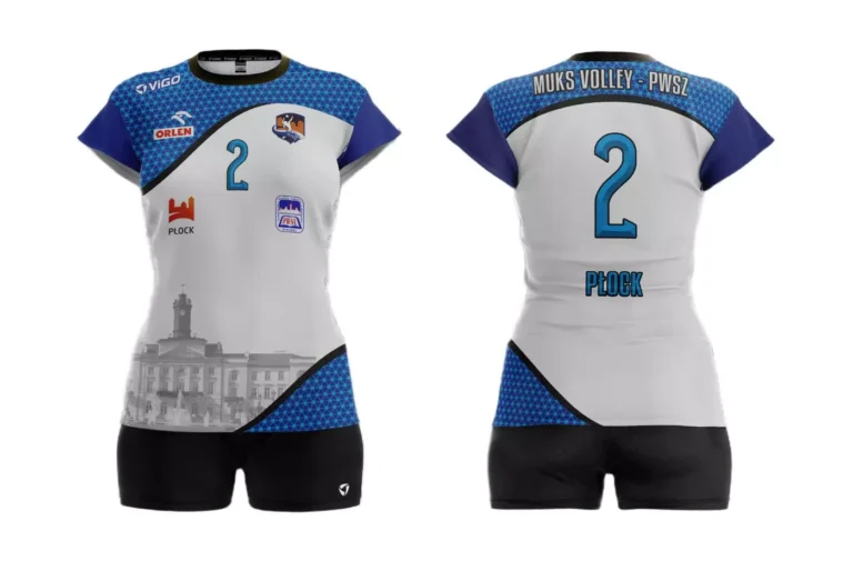 Strój siatkarski damski dla zawodniczki Muks Volley Płock w kolorze biało-niebieskim