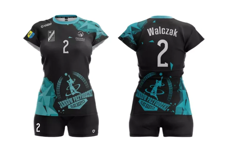 Strój siatkarski damski Triangle dla zawodniczki GLKS Barycz Janków Przygodzki w kolorze czarno-błękitnym