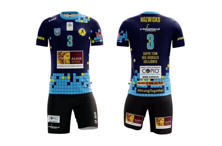 Strój siatkarski męski dla zawodnika UKS Herkules Sulejówek w kolorze granatowo-niebieskim