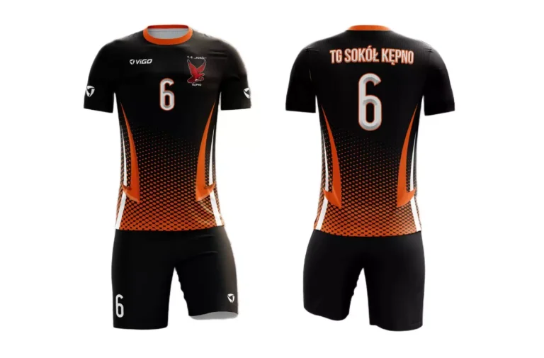 Strój siatkarski męski Fire dla zawodnika TG Sokół Kępno w kolorze czarno-pomarańczowym