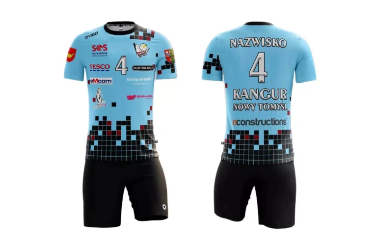 Strój siatkarski męski dla zawodnika MKS Kangur Nowy Tomyśl w kolorze błękitno-czarnym