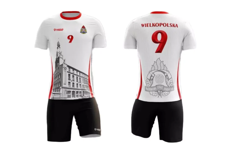 Strój siatkarski męski dla zespołu Państwowej Straży Pożarnej w kolorze białym